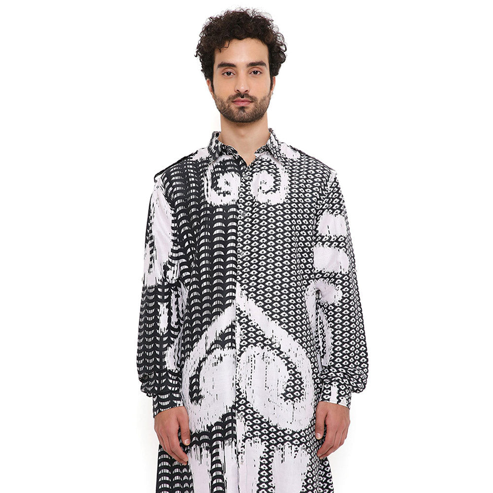 PS Men by Payal Singhal Trance Print Silk Pathani Kurta with Jogger Pant (Set of 2)