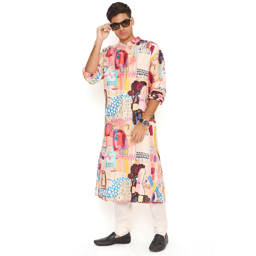 PS Men by Payal Singhal Trance Print Dupion Silk Kurta With Cotton Silk Churidar (Set of 2)