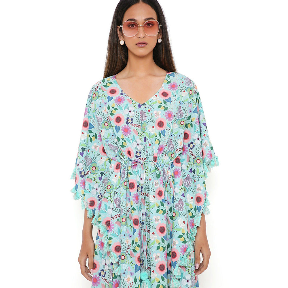 PS Pret by Payal Singhal Aqua Spring Floral Print Crepe Kaftan with Tassels