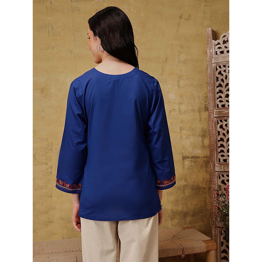 QAZMI Nafisa Pure Cotton Kashmiri Aari Work V-Neck Full Sleeves Kurti