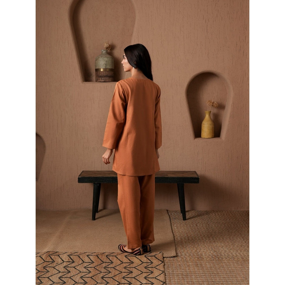 QAZMI Womens Cotton Linen Floral Rust Co-Ord Set