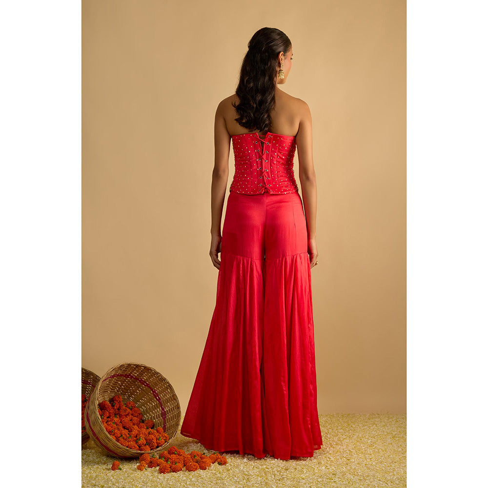 RAYASHA KHAN Pink Crimson Blush Silk Chiffon Sharara with Corset Top and Dupatta