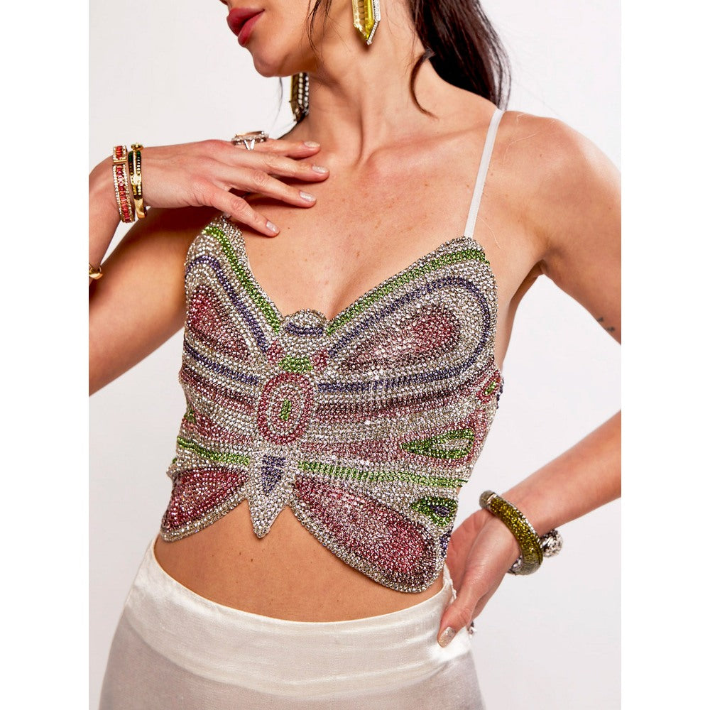 Realm By Vaishali Ariel Green Rhinestone Embellished Butterfly Crop Top