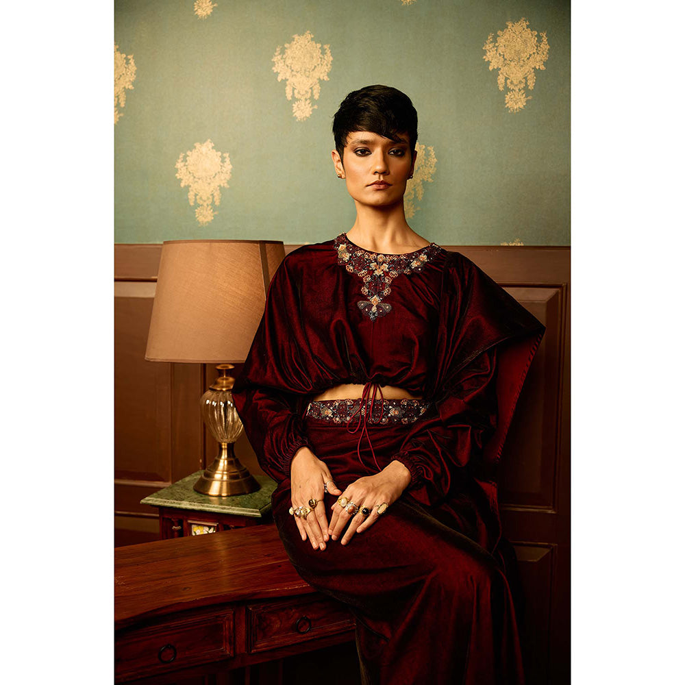REETI ARNEJA Maroon Sangria Velvet Drape Skirt with Bolero (Set of 2)