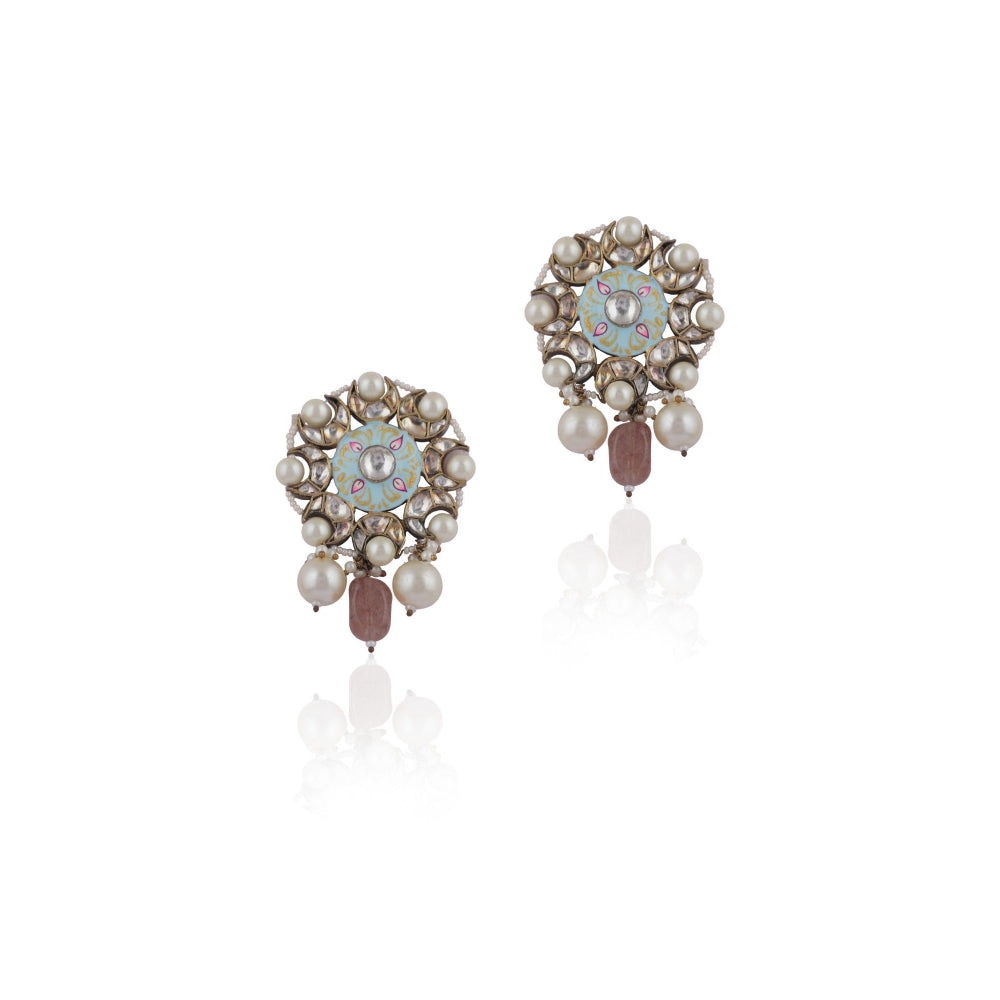 RIANA JEWELLERY Firozi Minakari Earring with Pink Drop