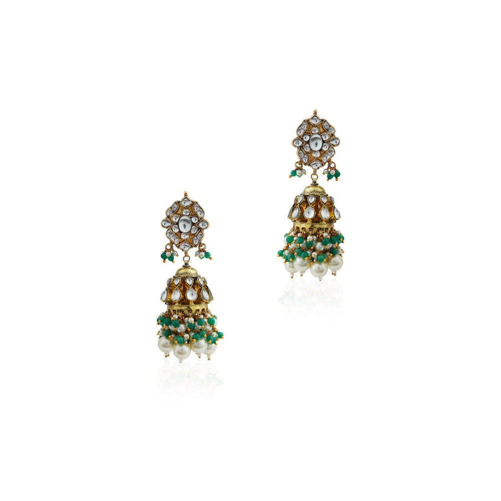 RIANA JEWELLERY Gold Finish Occasion Wear White Pearl Jhumka With Green Hangings