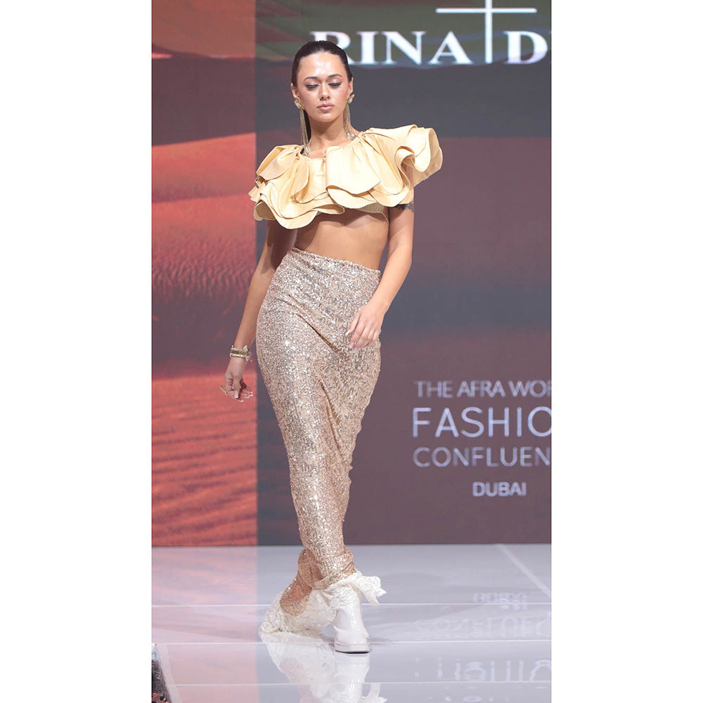 RINA DHAKA Gold Sequined Long Laced Edged Skirt