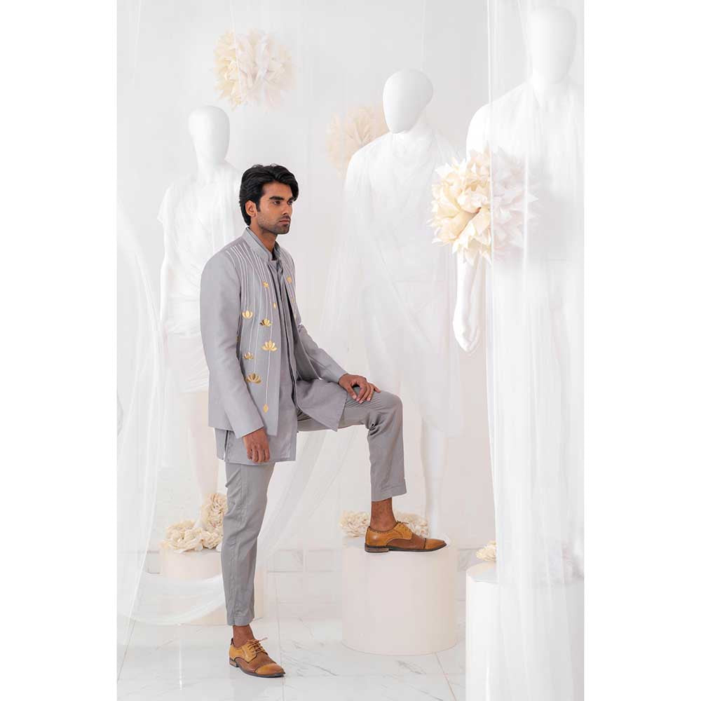 Runit Gupta Ash Lotus Embroidered Jodhpuri Jacket with Kurta and Pant (Set of 3)