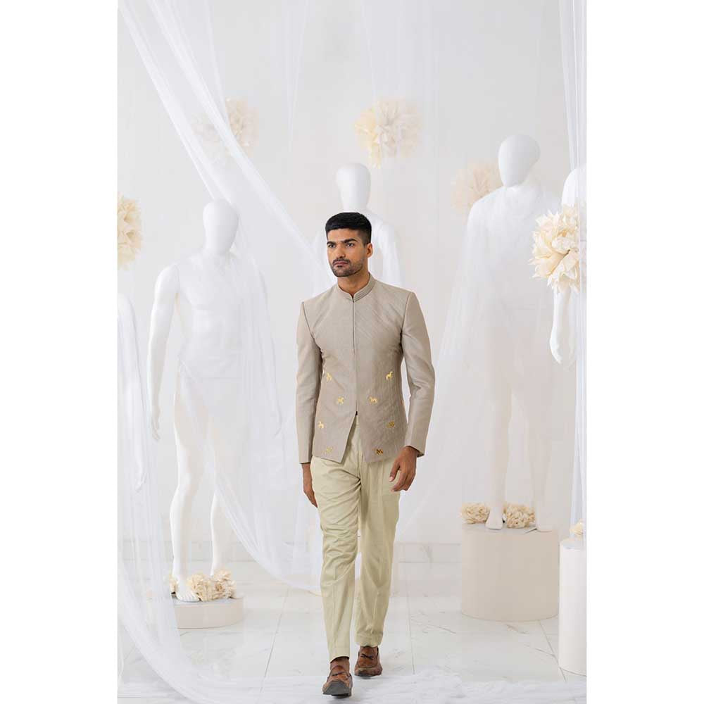 Runit Gupta Khaki Horse Embroidered Jodhpuri Jacket and Pant (Set of 2)