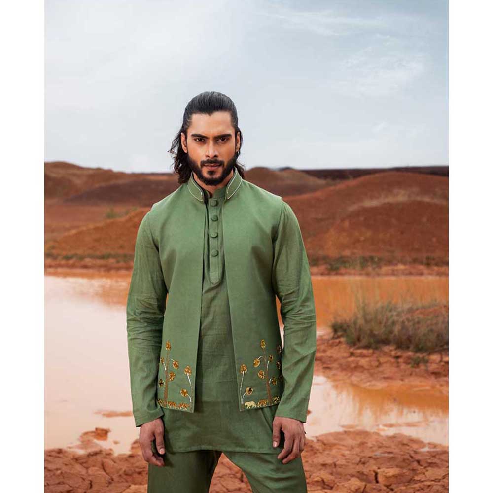 Runit Gupta Monstera Deep Green Bundi Jacket
