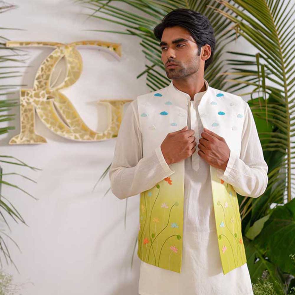 Runit Gupta Flora Aura Bundi Jacket with Kurta and Pant (Set of 3)