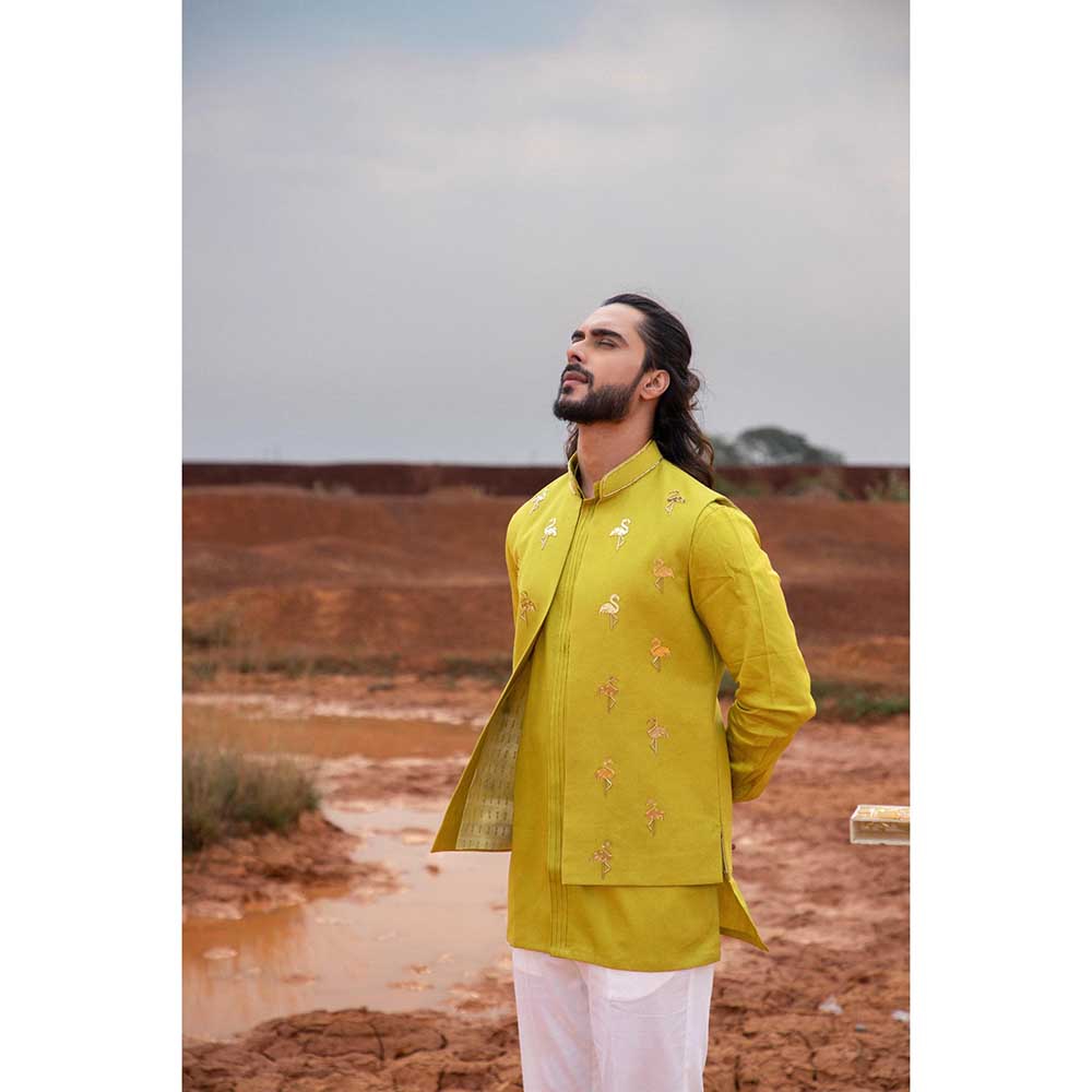 Runit Gupta Green Flamingo Embroidered Bundi Jacket