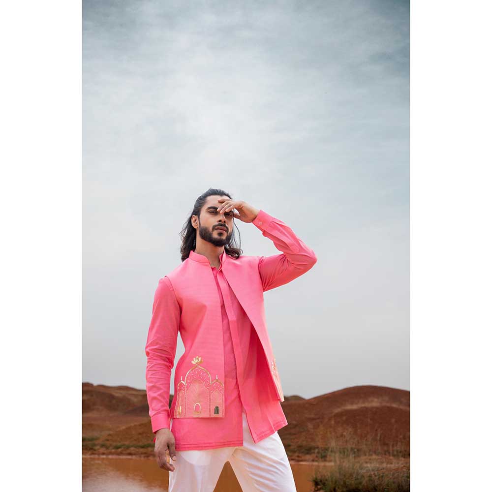 Runit Gupta Fuchsia Fort Bundi Jacket with Kurta and Pant (Set of 3)