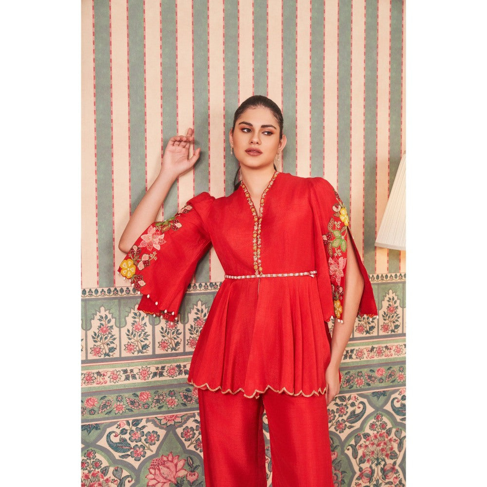 SAMMOHI BY MOKSHA & HIRAL Red Hand Embellishments Co-Ord (Set of 2)