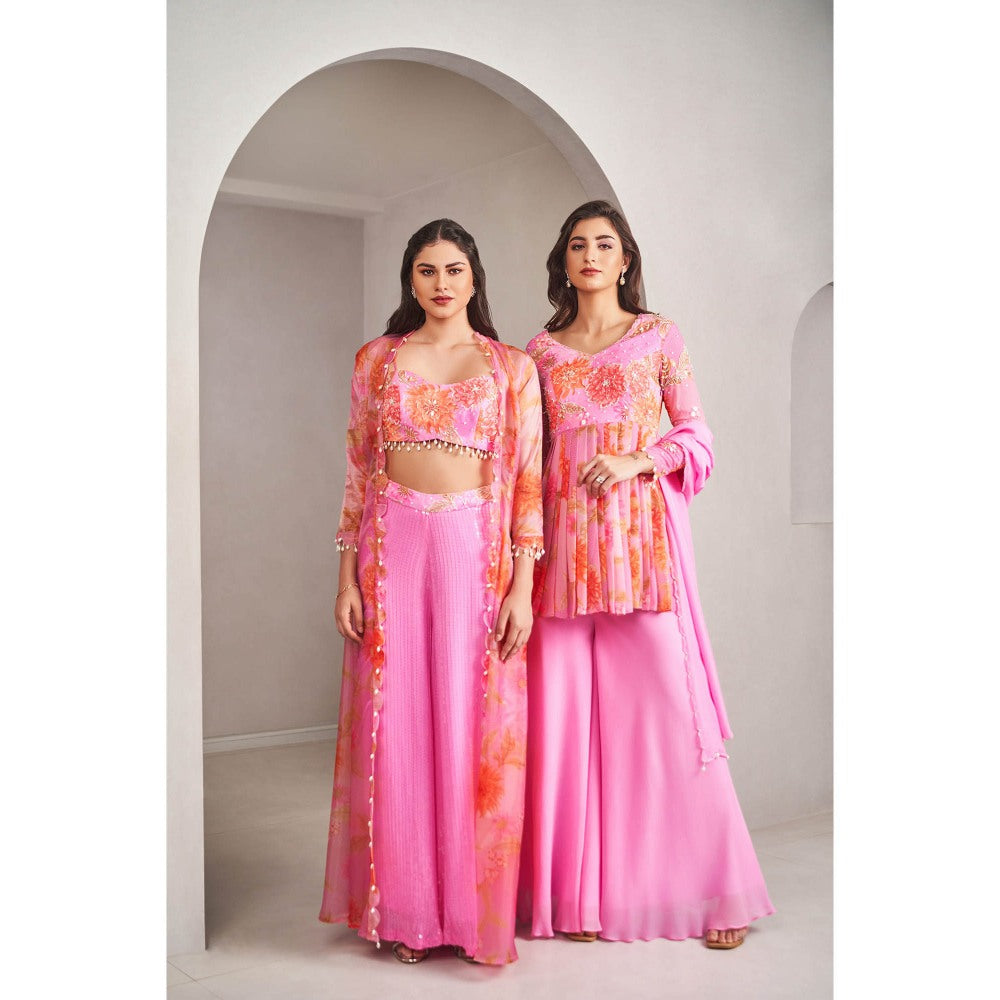 SAMMOHI BY MOKSHA & HIRAL Pink Floral Peplum Top with Palazzo and Dupatta (Set of 3)
