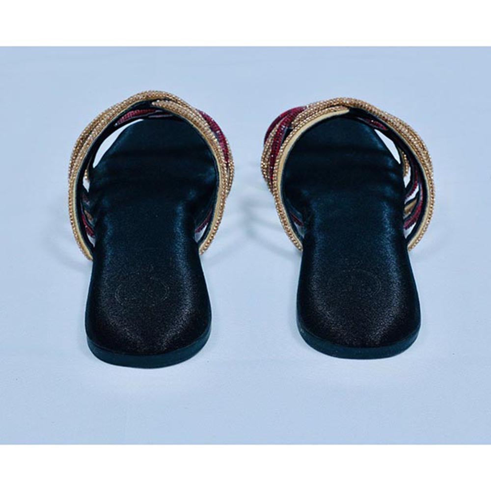 Sana K Luxurious Footwear Red and Gold Multi string Open Toe Flats