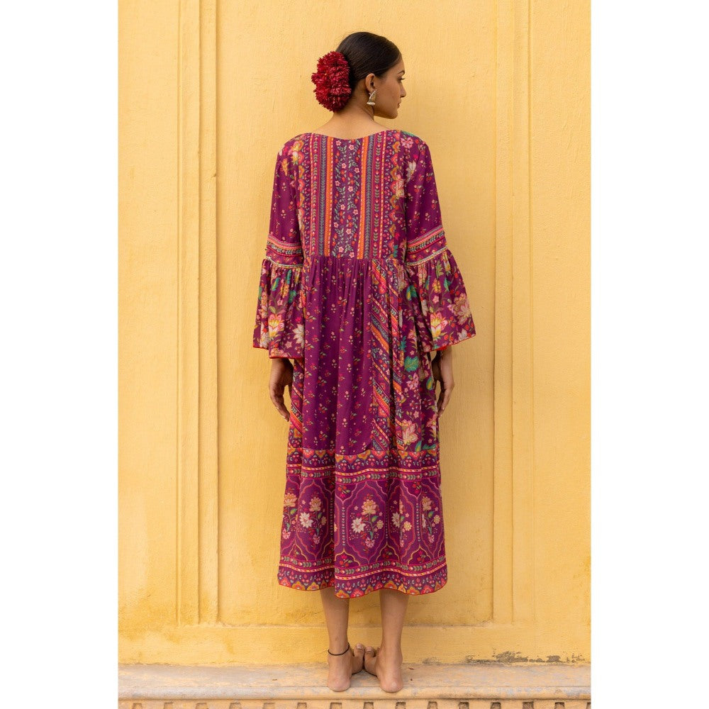 Sandhya Shah Wine Lia Bell Sleeve Midi Dress