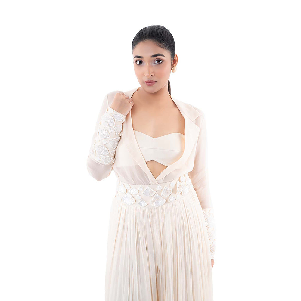 SAYAANIKA Pink Neive Bustier with Shirt and Flared Pant (Set of 3)