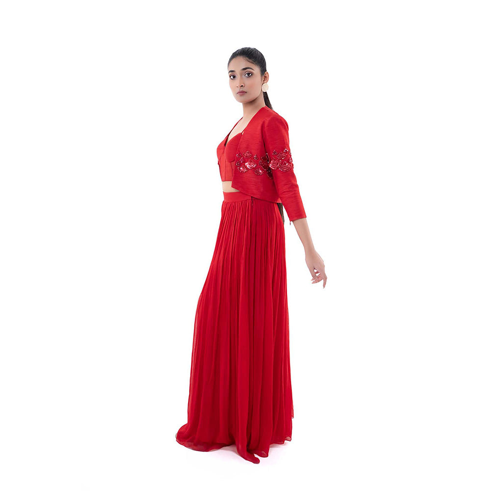 SAYAANIKA Red Rosa Bustier with Crop Jacket and Palazzo (Set of 3)