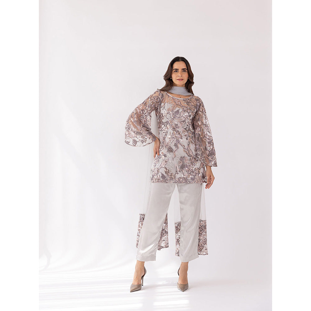 SHAAKHA Silver Sequined Full Sleeves Round Neck Kurta With Pant & Dupatta (Set of 3)