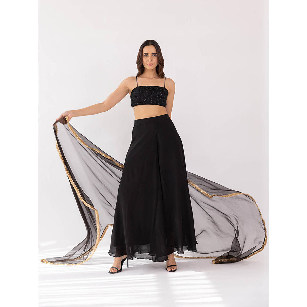 SHAAKHA Black Kali Bandeau and Palazzo with Dupatta (Set of 3)