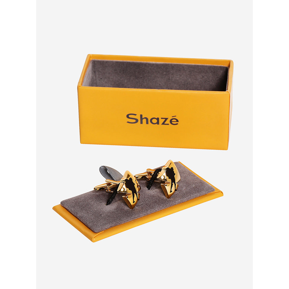 Shaze Gold Black Enamelled Rhodium-Plated Kite Geometric Cufflinks