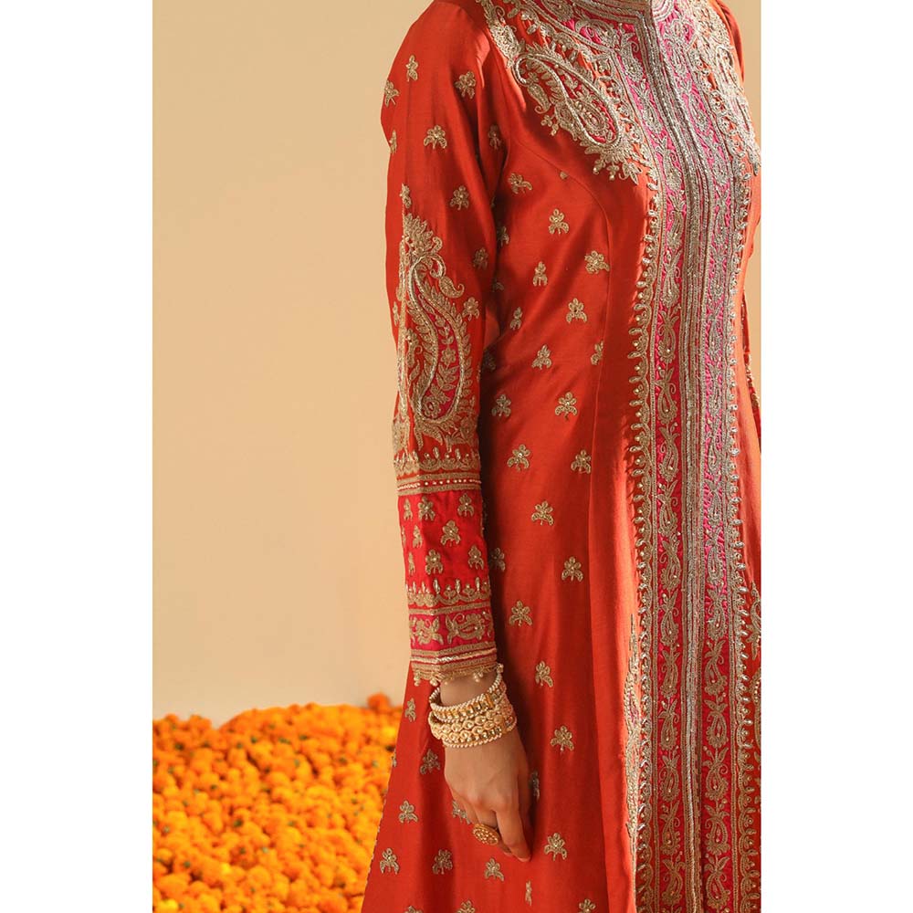 Sheetal Batra Orange Long A-Line Jacket with Pant and Dupatta (Set of 3)