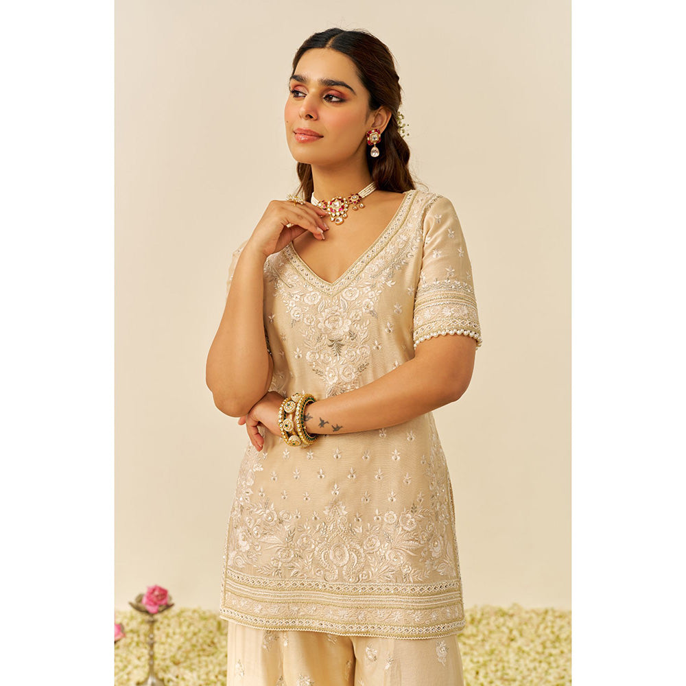 Sheetal Batra Beige Sameeha Short Kurta with Sharara and Dupatta (Set of 3)