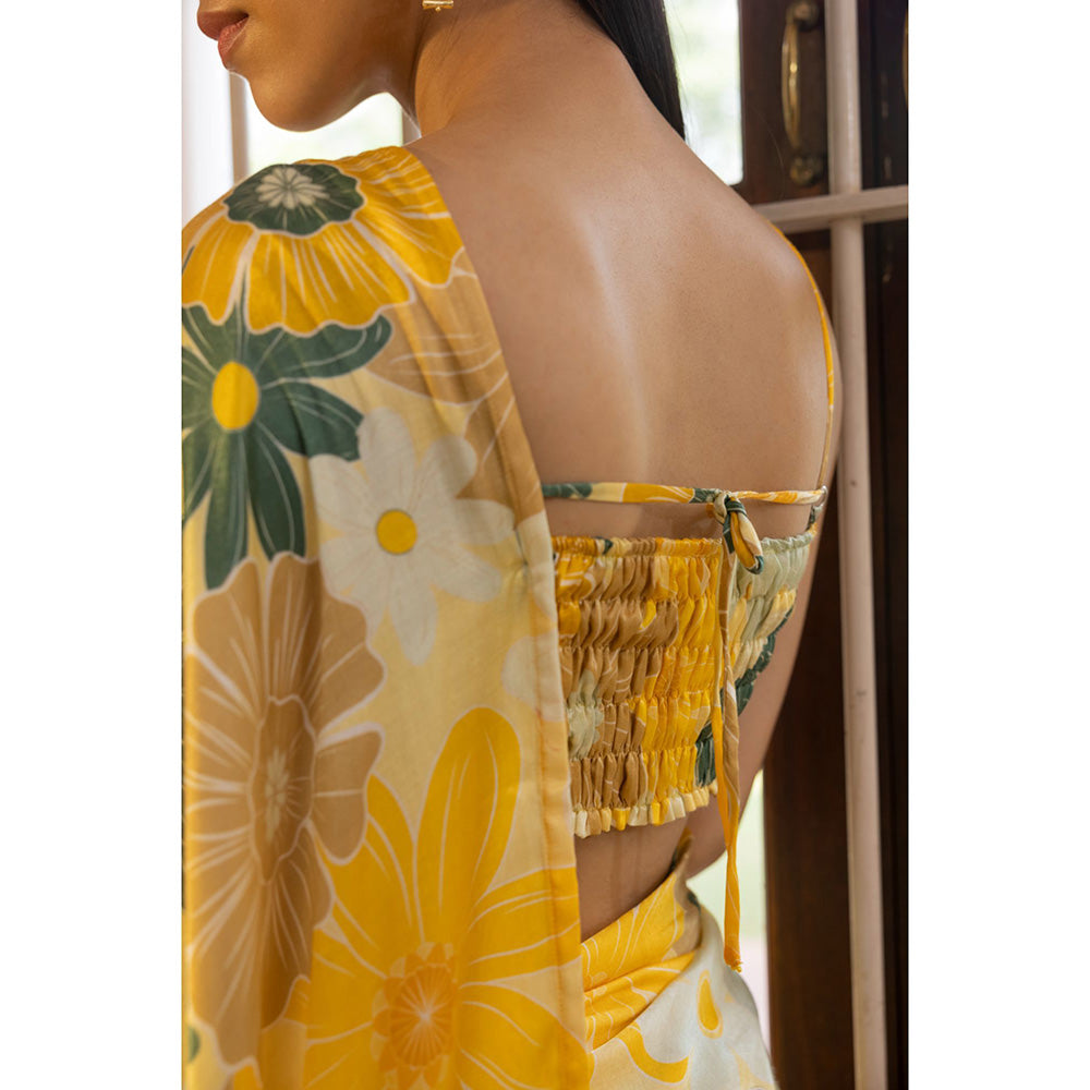 Shibui Rhythm Mosaic Yellow Print Saree with Stitched Blouse
