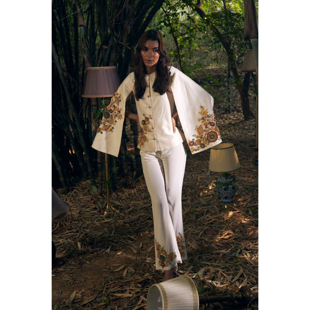 Shreeka Ivory Embroidered Cape Sleeve Jacket with Pant (Set of 2)