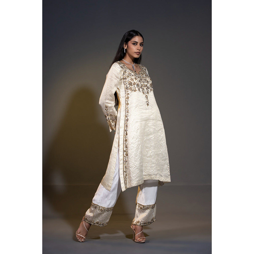 Shweta Dabas Ivory Pure Tissue Stripes Kurta with Pant and Dupatta (Set of 3)