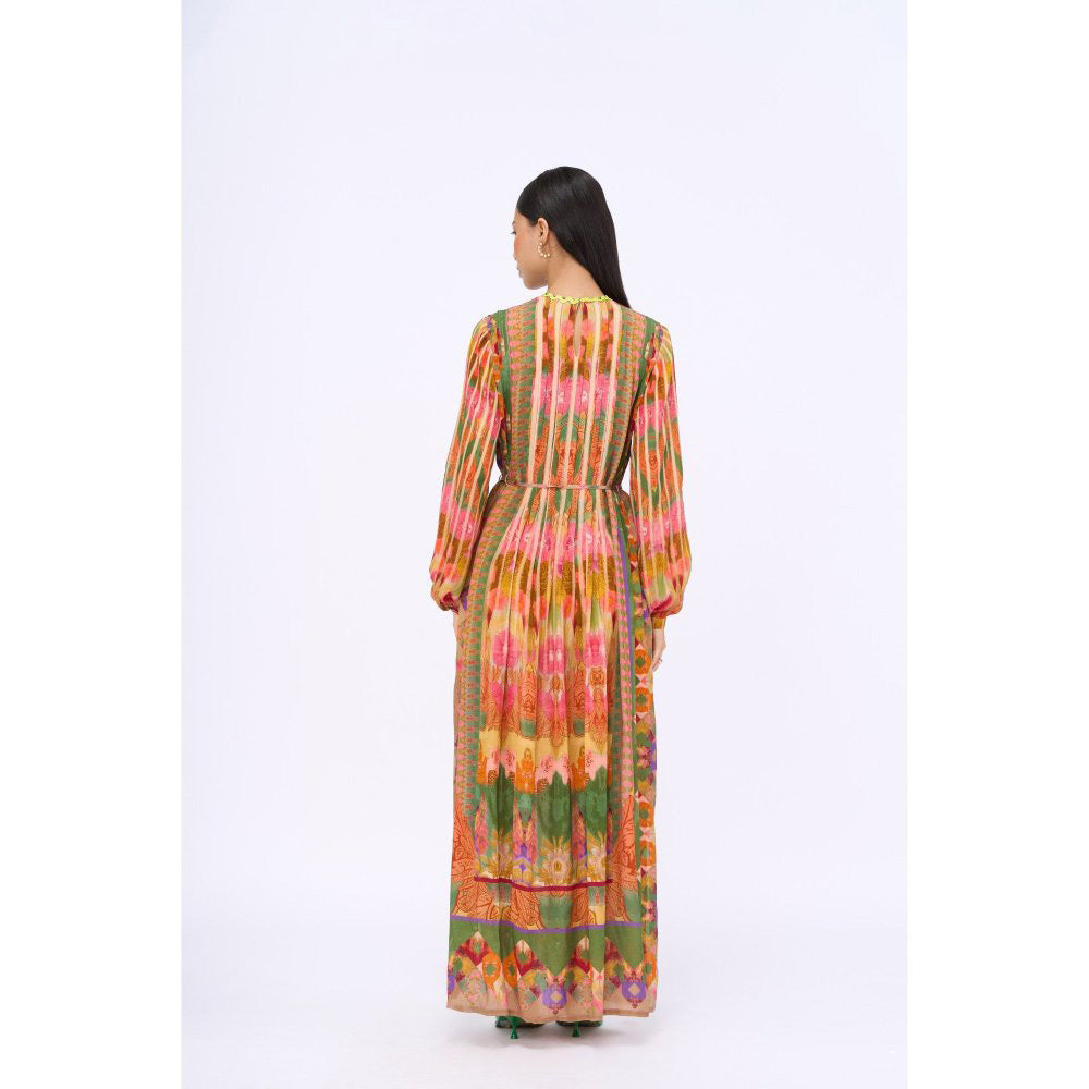 Siddhartha Bansal Multi-Colour Embroidered Kashmir Dress with Belt (Set of 2)