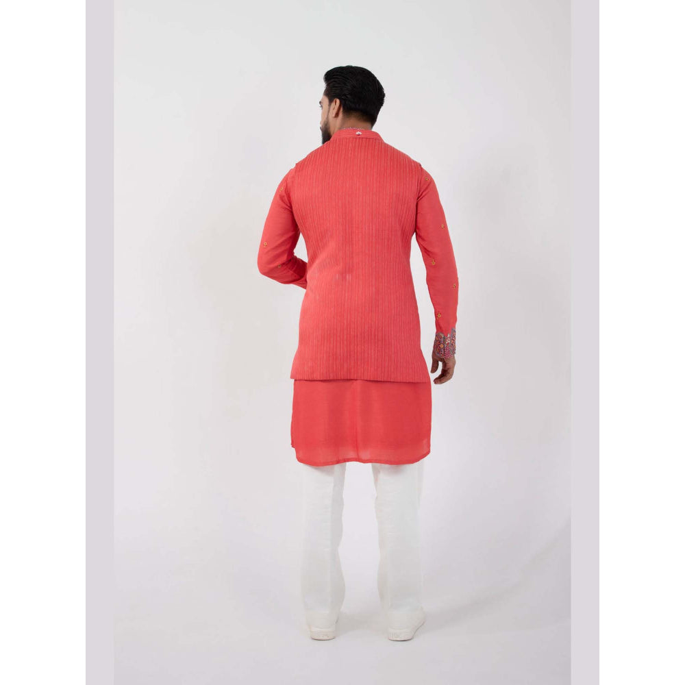 SMRITI Coral Red Kurta with Pant and Nehru Jacket