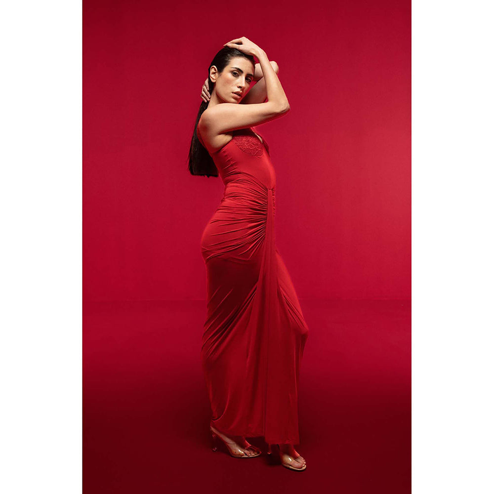 SOTBELLA Red Asymmetric Lace Dress