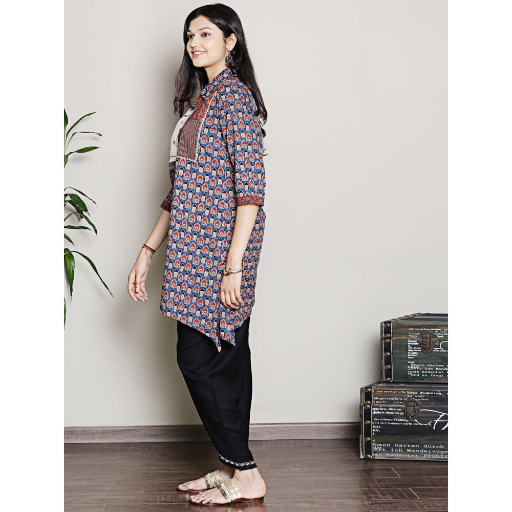 Spring Soul Block Printed Blue Color Kurta with Yoke Detailing