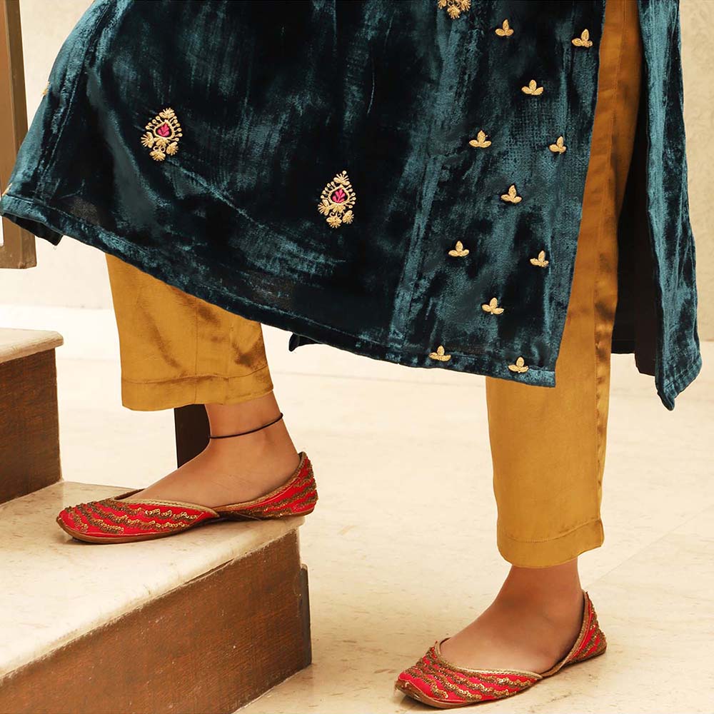 Spring Soul Blue Embroidered Velvet Kurta with Mashru Silk Pant and Dupatta (Set of 3)