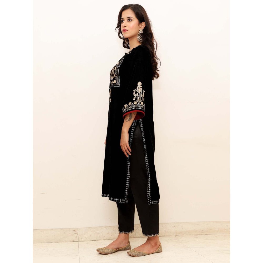 Spring Soul Black Embroidered Velvet Kurta with Mashru Silk Pant (Set of 2)