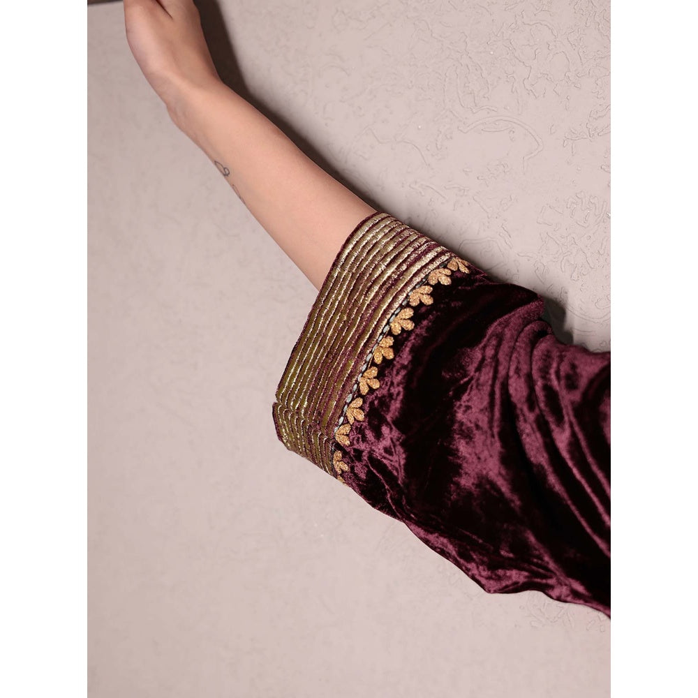 Spring Soul Wine Embroidered Velvet Kurta With Velvet Pant (Set of 2)