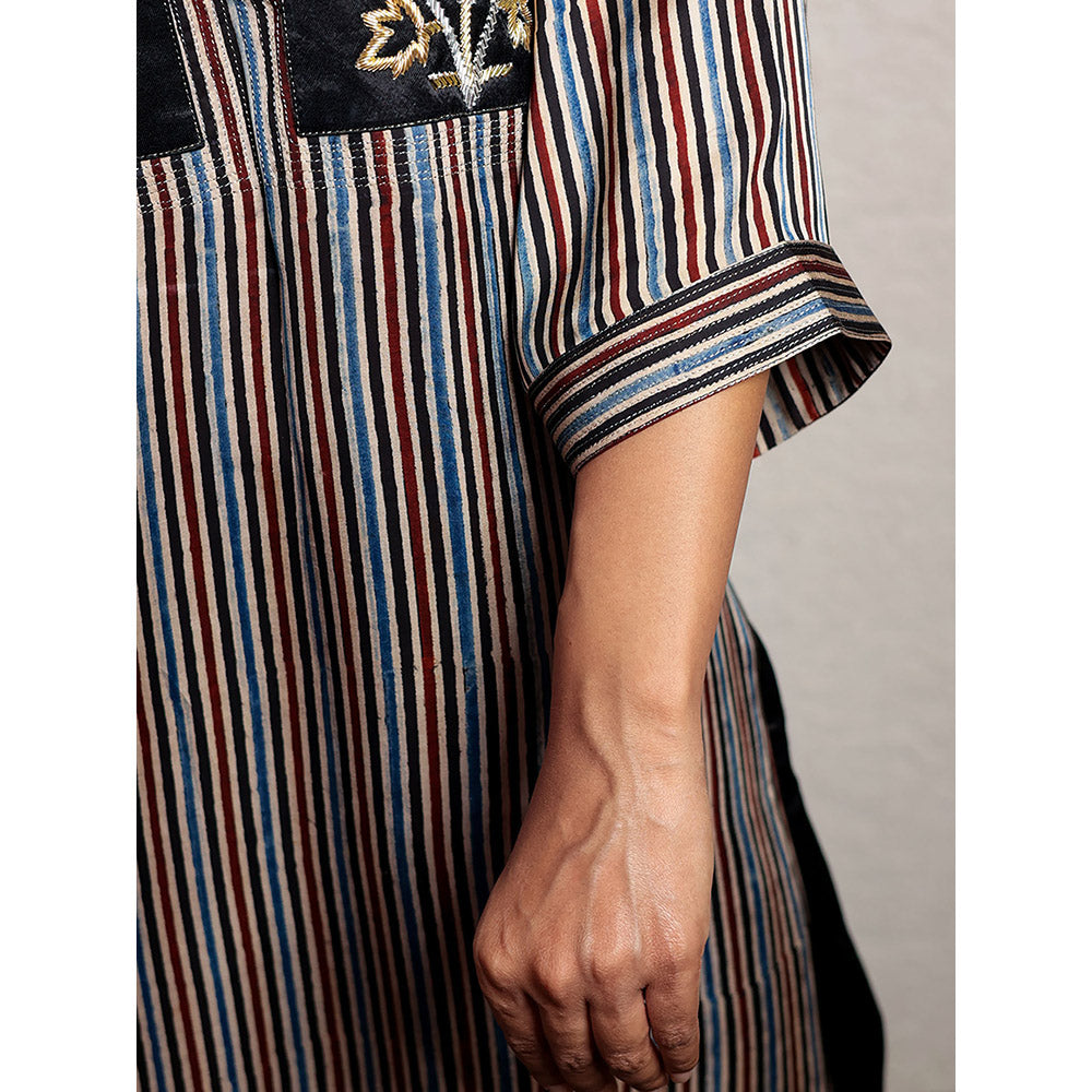 Spring Soul Multicolored Hand Embroidered Striped Modal Silk Kurta and Pant (Set of 2)