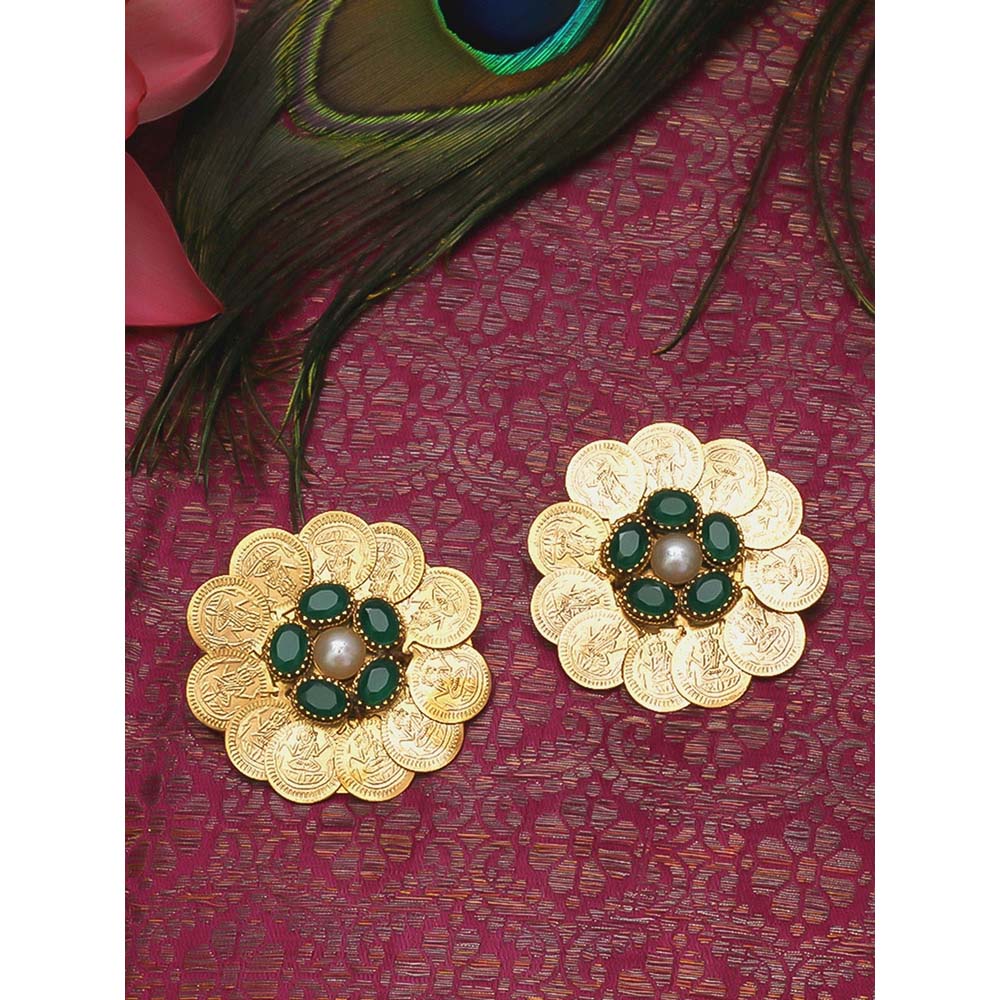 Suhani Pittie Gold coin stud earrings with green crystals