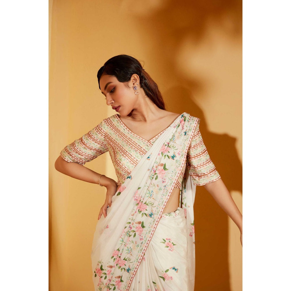 Suruchi Parakh Off White Embellished Pre Drape Saree and Blouse with Stitched