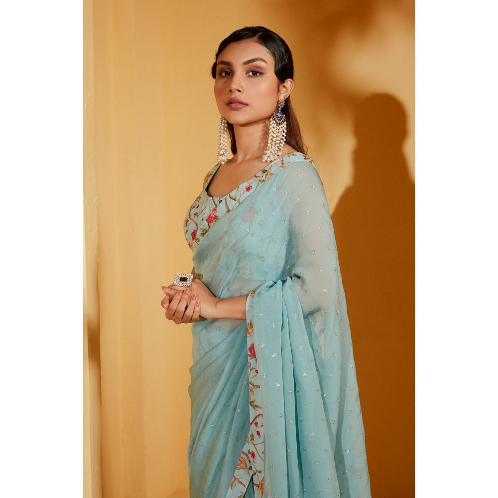Suruchi Parakh Blue Embroidered Saree with Petticoat and Blouse with Stitched