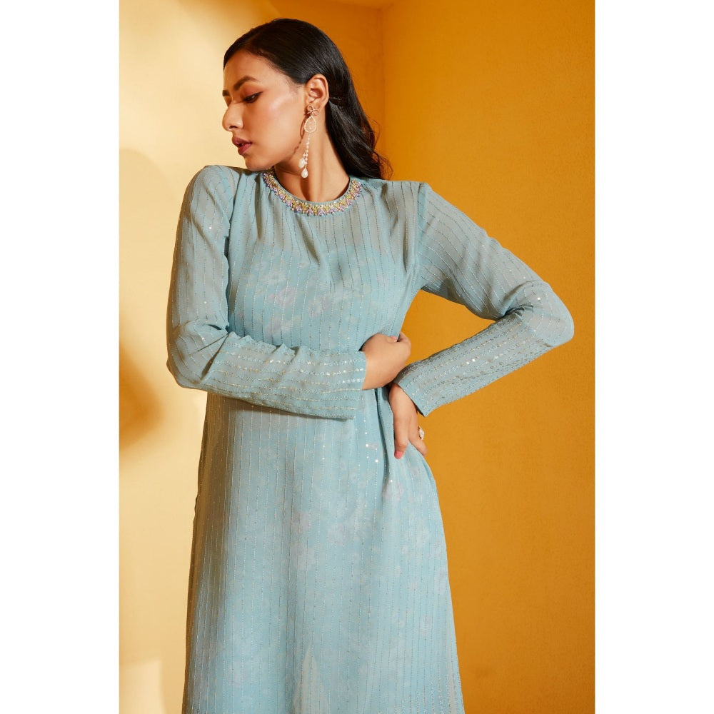 Suruchi Parakh Womens Blue Floral Print Kurta with Bustier and Pant Dupatta (Set of 4)