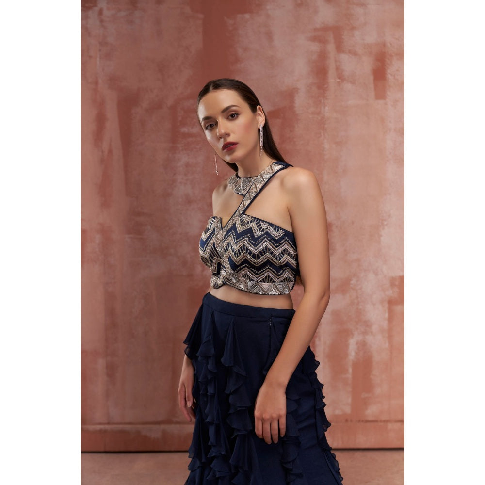 Suruchi Parakh Womens Navy Blue Embellished Top and Skirt (Set of 2)