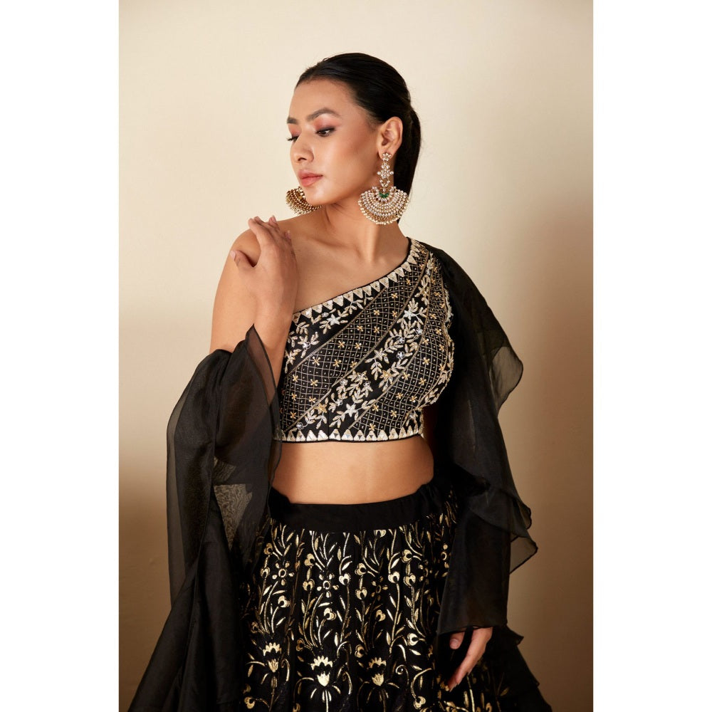 Suruchi Parakh Womens Black Embellished Blouse with Lehenga and Dupatta (Set of 3)