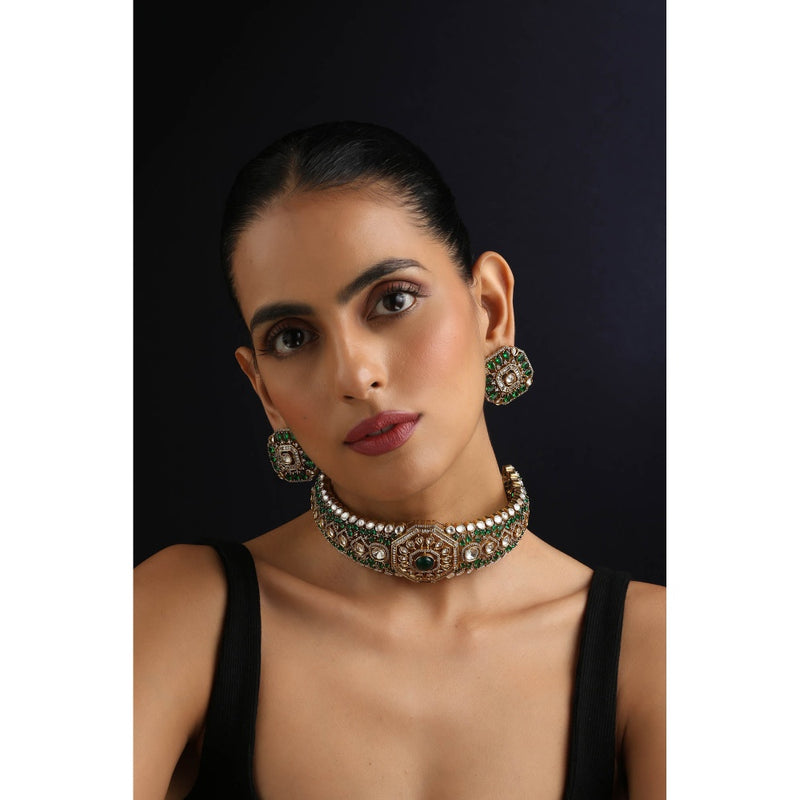 SWABHIMANN Emerald Polki Multi-Color Choker Necklace with Earrings