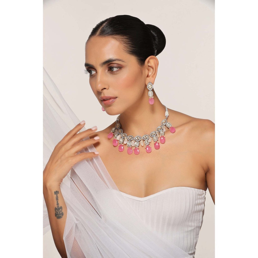 SWABHIMANN Hailey Multicolour Silver Plated Victorian Polki Necklace Set