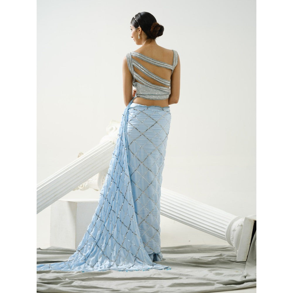 Tamaraa by Tahani Lyre Blue Sequin Saree with Stitched Blouse