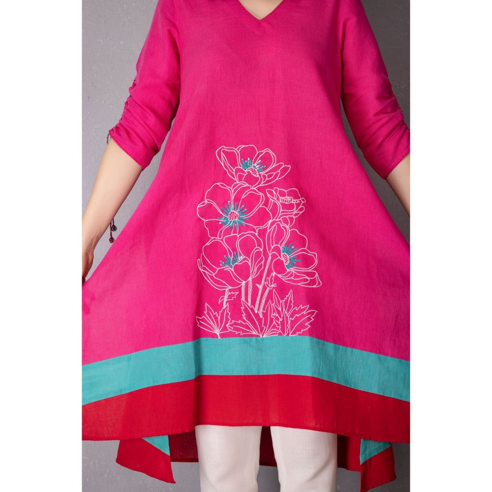 Tanu Malhotra Pink Bubble Gum Cotton Linen Embroidered A-Line Kurta with Pant (Set of 2)