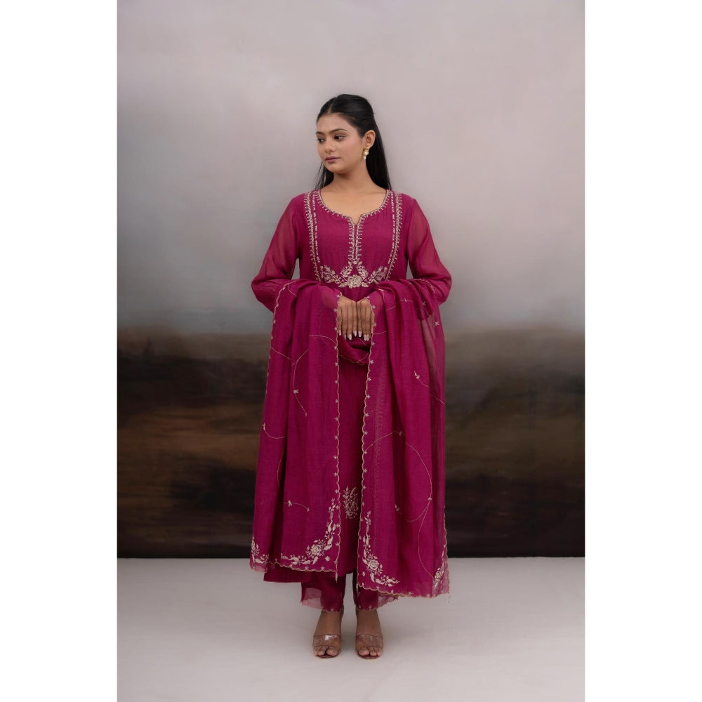 Tatwa Designs Rani Pink Gold Rose Anarkali Kurta With Pant and Dupatta (Set of 3)